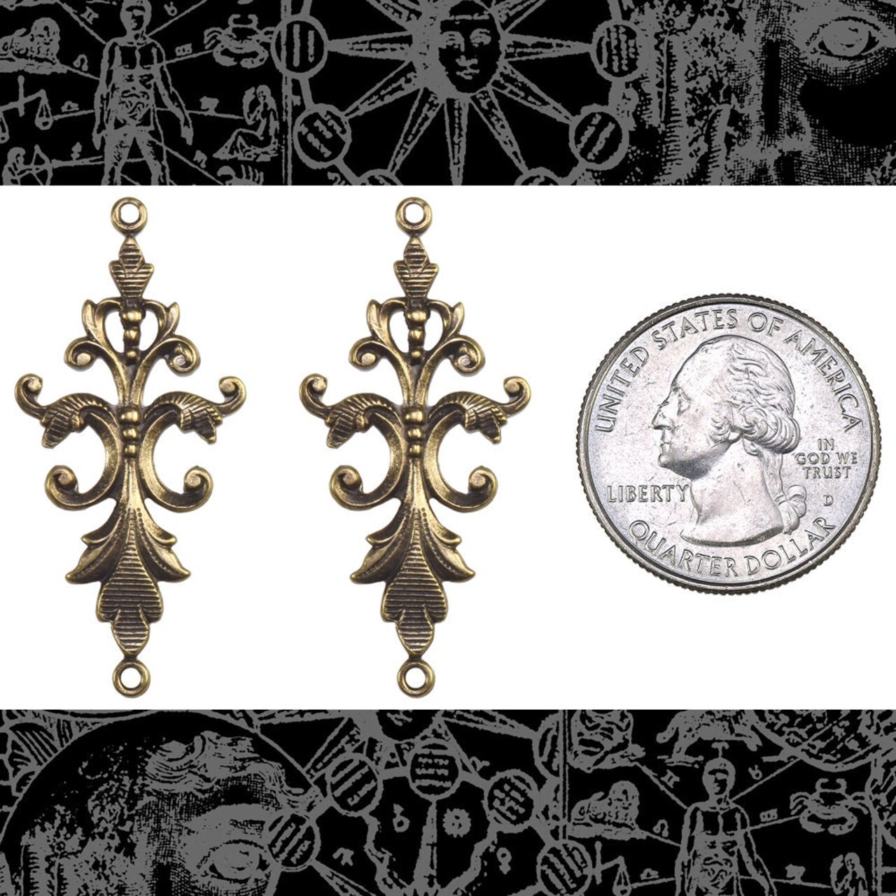 Antiqued Brass Long Victorian Filigree Two Ring Connectors - Set of Two - AB-2C94